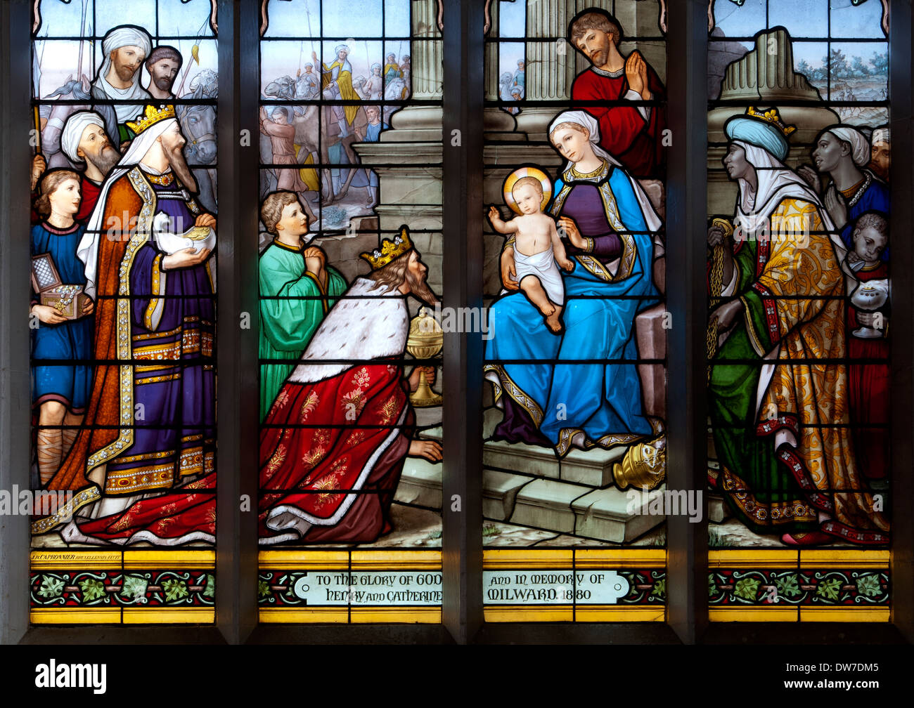 Adoration of the Magi stained glass, St. Stephen`s Church, Redditch, Worcestershire, UK Stock Photo